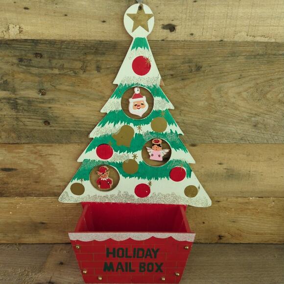 Vintage Holiday Mail Box Wooden Decorated Christmas Tree Card Holder - Picture 2 of 10